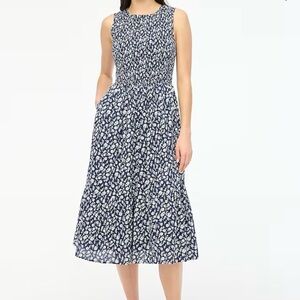 J Crew Smocked Floral Sleeveless Midi Dress